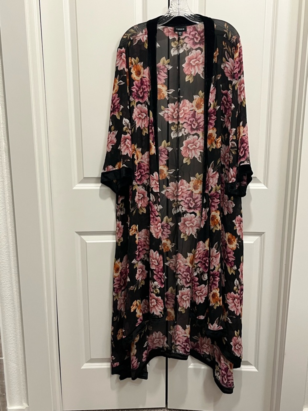 Sheer Chiffon Floral Duster Open Front Velvet Trim Size 3X 4X